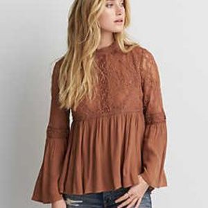 AEO Hi Neck Mesh Lace Bell Sleeve Top Size XL.